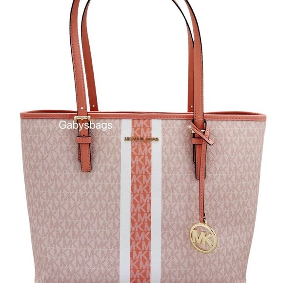 Michael Kors Jet Set Travel Medium Carryall Tote Sherbert Multi Pink Stripe MK - Picture 3 of 4